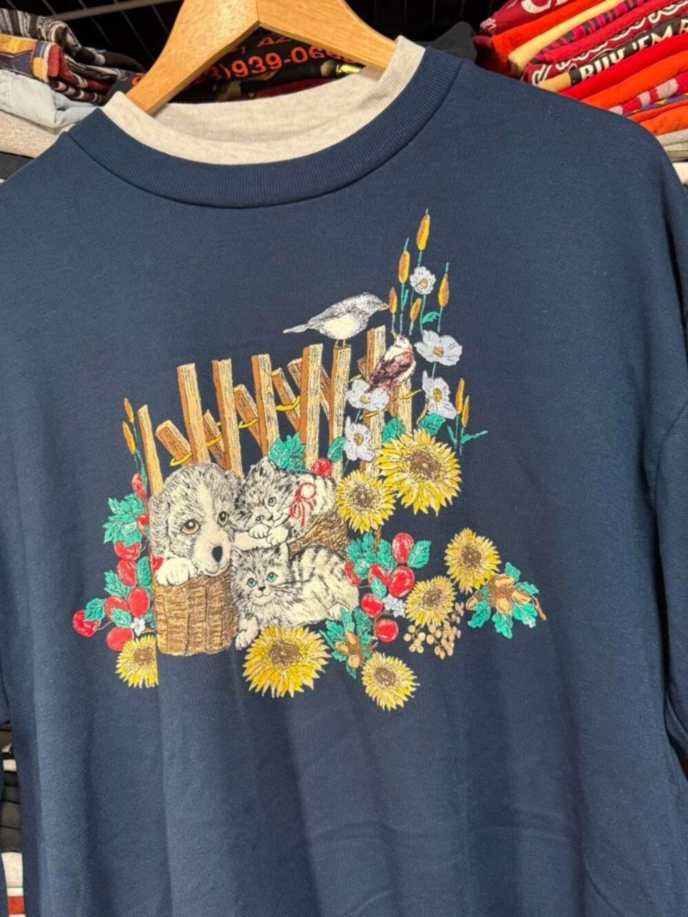 Vintage puppy kitten flowers grandma core double neck sweatshirt navy
